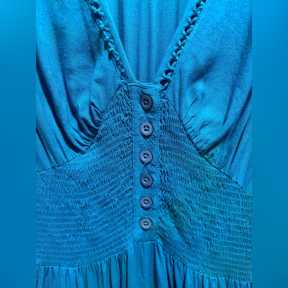 Patrons of Peace Wide Leg Jumpsuit deep V Neck Smocked Pockets Teal Green - Picture 6 of 14